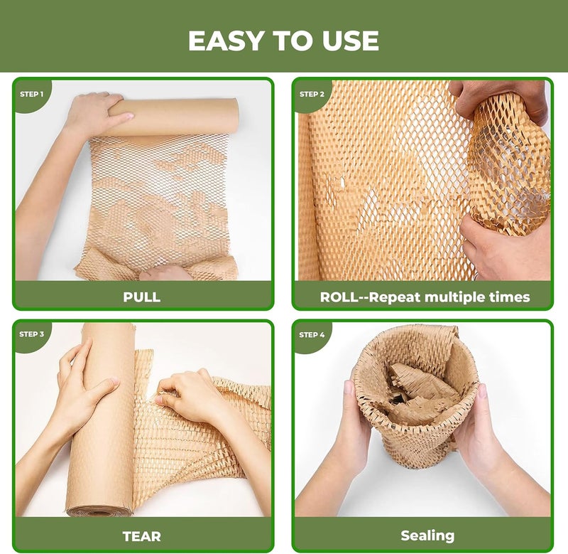 Pordrick Honeycomb Packing Paper Wrap 15''x265', Substitute Alternative for Bubble Cushioning Wrap for Moving Shipping Packaging, Recyclable Moving Supplies with 60 Fragile Sticker Labels - Image 3